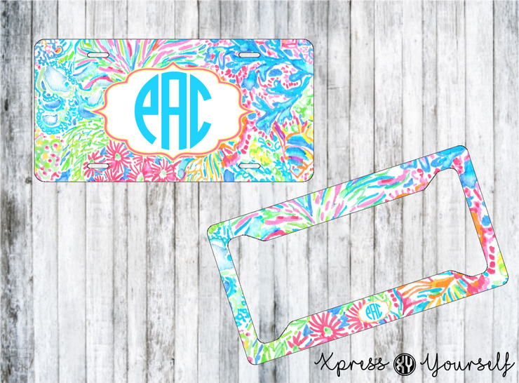 Lover's Coral Lilly Inspired License Plate and Frame Combo