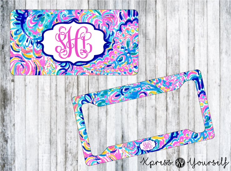 Psychedelic Sunshine Lilly Inspired License Plate and Frame Combo
