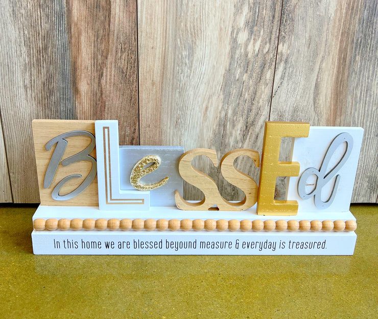 Wood Golden Tabletop Sign, Blessed