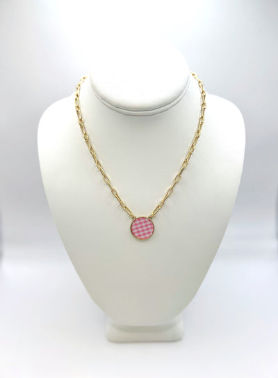 Corrie Gingham Pendant Necklace, Pink